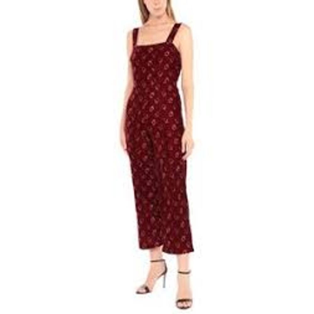 Obey Worldwide 25 Velvet Jumpsuit Maroon Floral Square Neck Wide Leg Sleeveless